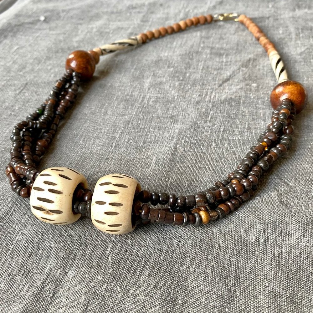 Hand-carved Bone and Wood Tribal Necklace